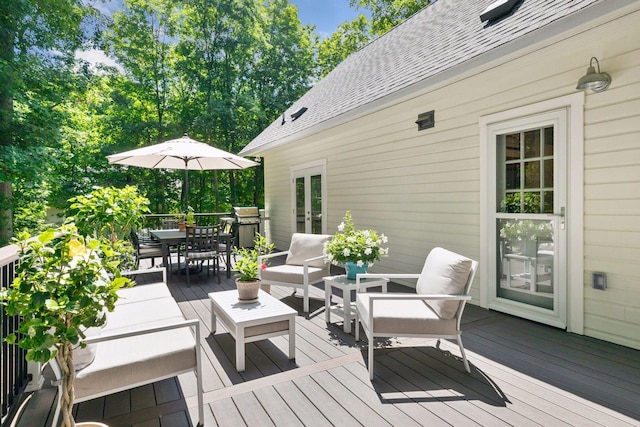 3815 Deephaven Ave, Deephaven, MN 55391 - wooden deck with outdoor dining space and a grill