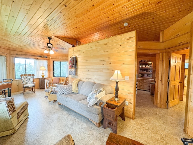 702 Beech Ave, Fergus Falls, MN 56537 - living room with wood ceiling, wooden walls, ceiling fan, and vaulted ceiling