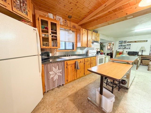 702 Beech Ave, Fergus Falls, MN 56537 - kitchen featuring white appliances, dark countertops, decorative light fixtures, glass insert cabinets, and light tile patterned floors