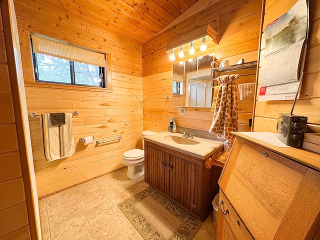 702 Beech Ave, Fergus Falls, MN 56537 - bathroom featuring vanity, wood walls, wood ceiling, and vaulted ceiling
