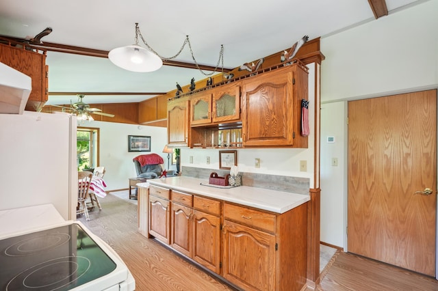 2160 35th Ave, Alden Twp, WI 54026 - kitchen featuring freestanding refrigerator, electric range oven, light wood-style floors, and a ceiling fan