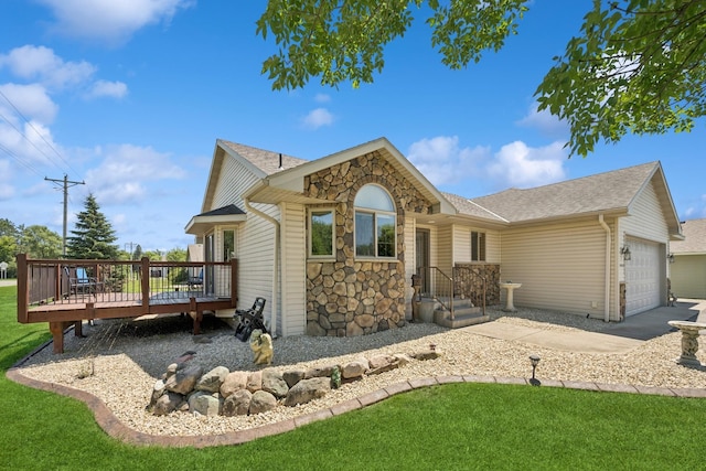 24482 18th Ave, Saint Augusta, MN 56301 - single story home with a garage, a shingled roof, a front lawn, and a wooden deck