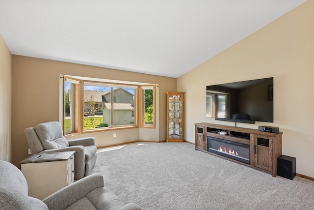 24482 18th Ave, Saint Augusta, MN 56301 - living room with carpet floors, lofted ceiling, and a glass covered fireplace