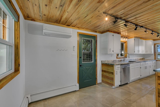 33027 County Road 50, Avon Twp, MN 56310 - kitchen with dishwasher, a baseboard radiator, track lighting, a wall mounted AC, and white cabinetry