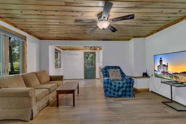 33027 County Road 50, Avon Twp, MN 56310 - living area featuring wood ceiling, light wood-style flooring, and ceiling fan