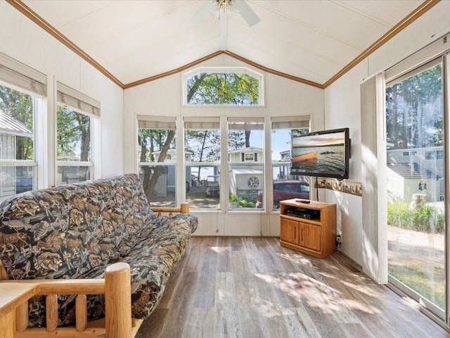 15827 Wilderness Trl Unit 30, Crosslake, MN 56442 - sunroom with wood finished floors, crown molding, and vaulted ceiling