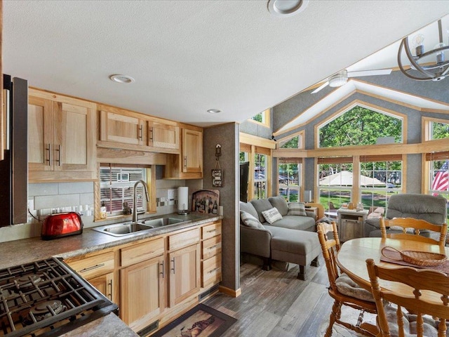 15827 Wilderness Trl Unit 112, Crosslake, MN 56442 - kitchen with light brown cabinets, open floor plan, wood finished floors, vaulted ceiling, and a ceiling fan
