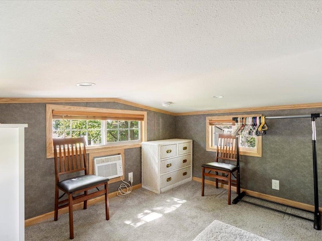 15827 Wilderness Trl Unit 112, Crosslake, MN 56442 - living area with a textured ceiling, a wall unit AC, vaulted ceiling, and carpet