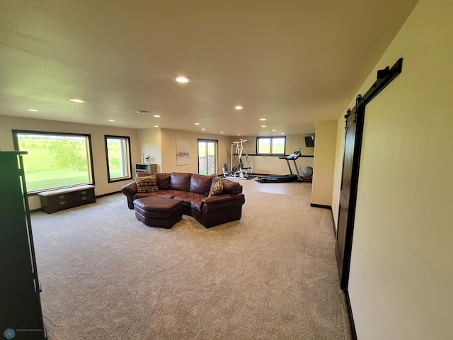 11003 Eagles Nest Ct, Audubon, MN 56511 - living room with carpet, recessed lighting, and a barn door