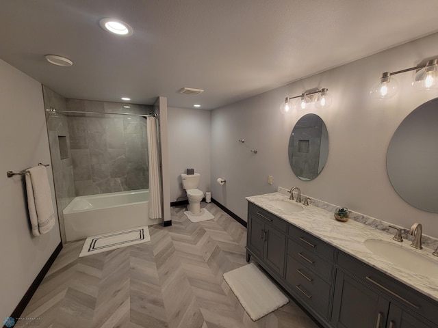 11003 Eagles Nest Ct, Audubon, MN 56511 - bathroom featuring double vanity, shower / bath combo with shower curtain, and recessed lighting