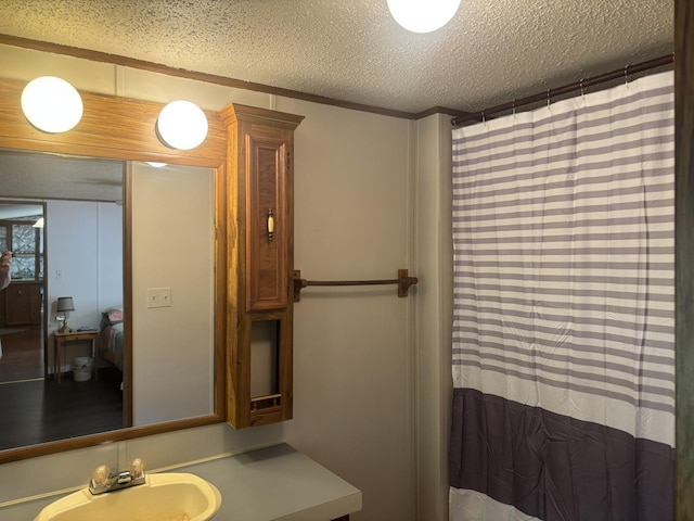 77165 Stepan Rd, Kettle River Twp, MN 55795 - full bath with vanity, a textured ceiling, and curtained shower