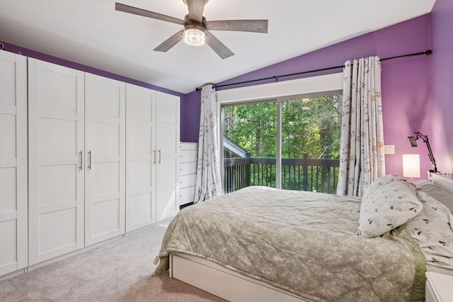 990 221st Ave NW, Oak Grove, MN 55011 - bedroom featuring vaulted ceiling, access to exterior, light carpet, and ceiling fan