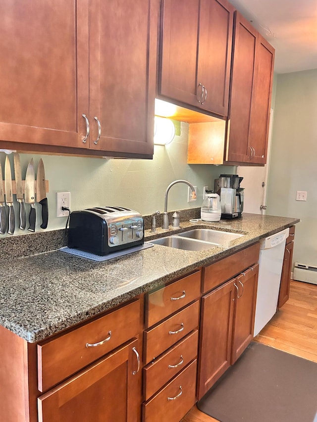 3821 Foss Rd, Saint Anthony, MN 55421 - kitchen featuring white dishwasher, light wood-style floors, dark stone counters, and baseboard heating
