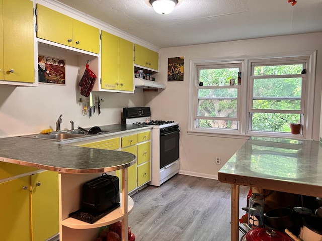 3821 Foss Rd, Saint Anthony, MN 55421 - kitchen featuring white range with gas stovetop, open shelves, under cabinet range hood, light wood-style floors, and yellow cabinetry