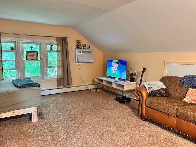 3821 Foss Rd, Saint Anthony, MN 55421 - living area with carpet floors, lofted ceiling, a wall mounted AC, and a baseboard radiator