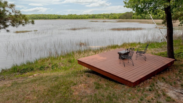 31767 Deacons Way, Pequot Lakes, MN 56472 - wooden deck featuring a water view and a view of trees