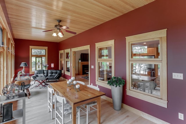 31767 Deacons Way, Pequot Lakes, MN 56472 - dining area featuring light wood-style flooring, ceiling fan, and wood ceiling