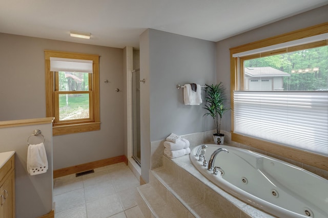 31767 Deacons Way, Pequot Lakes, MN 56472 - bathroom with vanity, a tub with jets, healthy amount of natural light, and a stall shower