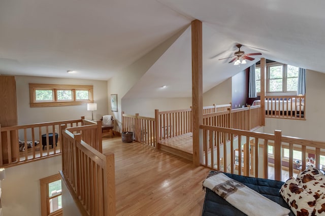 31767 Deacons Way, Pequot Lakes, MN 56472 - hallway with an upstairs landing, wood finished floors, healthy amount of natural light, and lofted ceiling