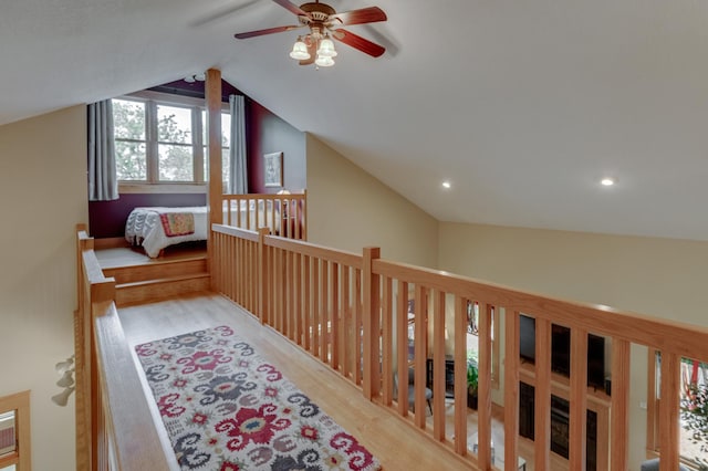 31767 Deacons Way, Pequot Lakes, MN 56472 - hall with wood finished floors, vaulted ceiling, and recessed lighting