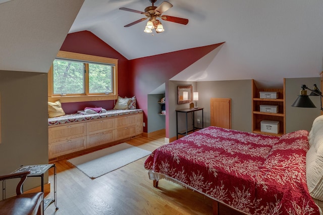 31767 Deacons Way, Pequot Lakes, MN 56472 - bedroom featuring vaulted ceiling, light wood-type flooring, and ceiling fan