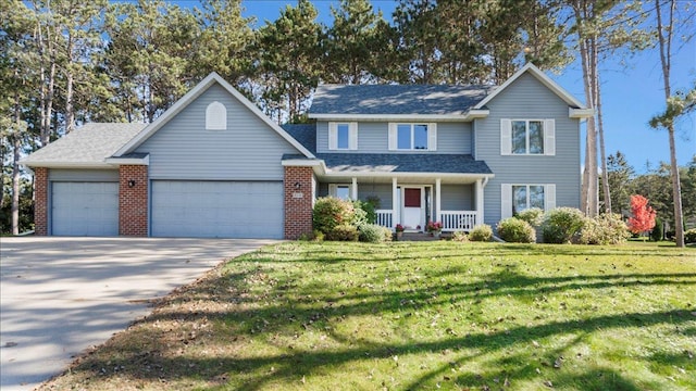 814 8th Ave N, Sartell, MN 56377 - traditional home featuring covered porch, an attached garage, concrete driveway, a front yard, and brick siding