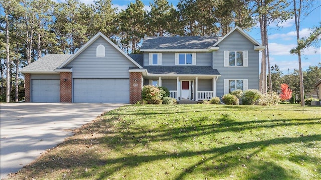 814 8th Ave N, Sartell, MN 56377 - traditional home with an attached garage, a porch, concrete driveway, a front yard, and brick siding