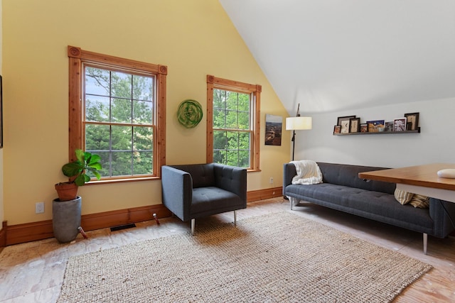 33245 Teal Ave, Shafer Twp, MN 55074 - living room featuring vaulted ceiling and baseboards