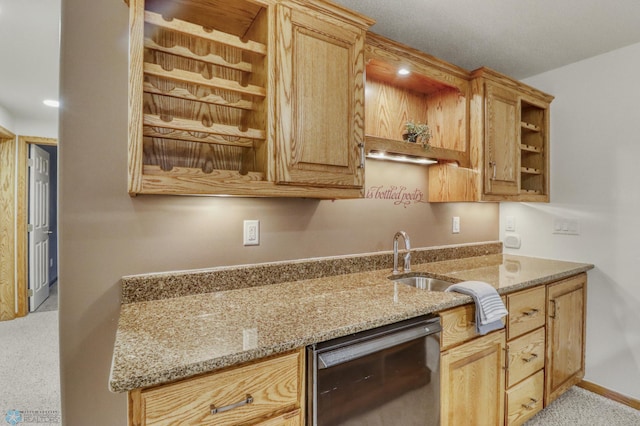 4375 58th St S, Fargo, ND 58104 - kitchen featuring dishwashing machine, open shelves, light stone countertops, and light brown cabinetry