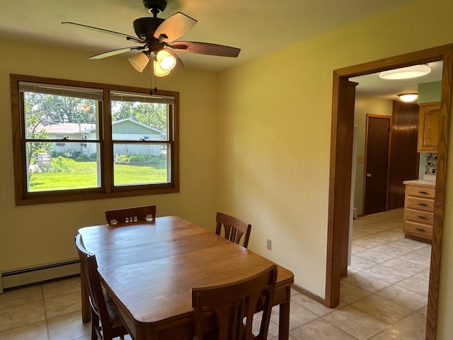 402 6th St NE, Barnesville, MN 56514 - dining room featuring baseboard heating, ceiling fan, and light tile patterned flooring