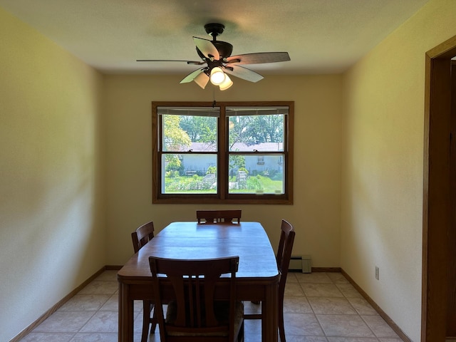 402 6th St NE, Barnesville, MN 56514 - dining area featuring a ceiling fan, baseboard heating, and light tile patterned floors