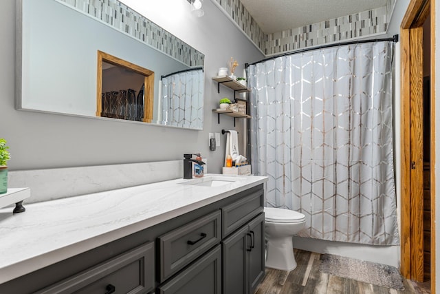 26943 140th St NW, Zimmerman, MN 55398 - full bath featuring vanity, wood finished floors, curtained shower, and a textured ceiling