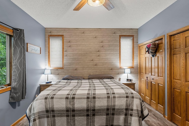 26943 140th St NW, Zimmerman, MN 55398 - bedroom featuring wood finished floors, a textured ceiling, ceiling fan, and two closets