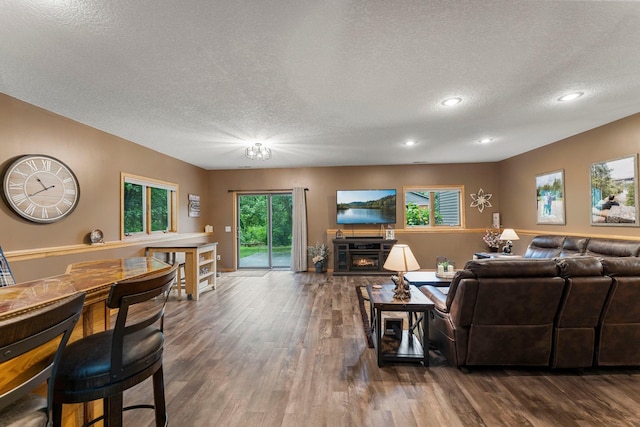26943 140th St NW, Zimmerman, MN 55398 - living area with a textured ceiling, wood finished floors, recessed lighting, and a lit fireplace