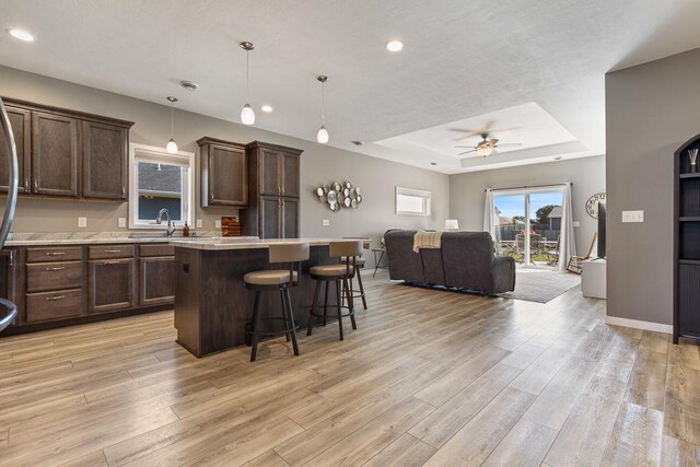 307 Brussels Ct, Marshall, MN 56258 - kitchen featuring a raised ceiling, open floor plan, a kitchen island, a kitchen breakfast bar, and dark brown cabinetry
