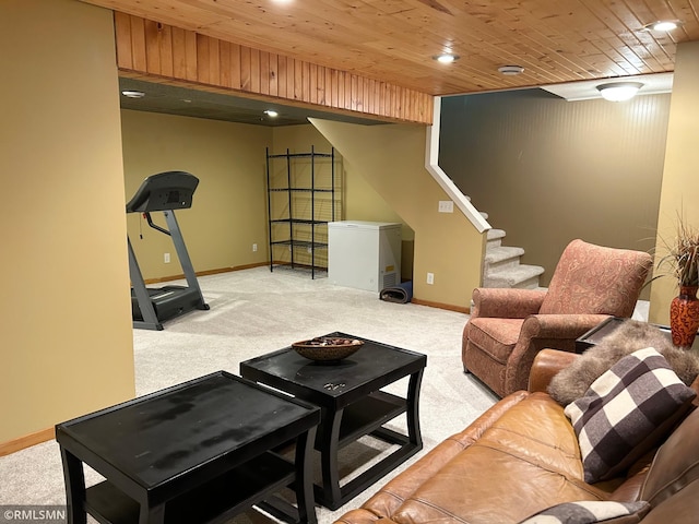 1904 Parkview Rd NE, Alexandria, MN 56308 - carpeted living room with wood ceiling, recessed lighting, and stairs