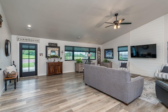 101 Butterfly Ct, Blue Earth, MN 56013 - living room with plenty of natural light, ceiling fan, light wood-style floors, lofted ceiling, and recessed lighting