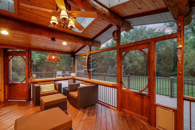 5705 Covington Cir, Minnetonka, MN 55345 - sunroom featuring a skylight, wood-type flooring, a deck, and wood ceiling