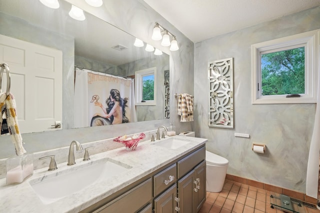 5705 Covington Cir, Minnetonka, MN 55345 - bathroom with tile patterned floors, double vanity, and a shower with curtain