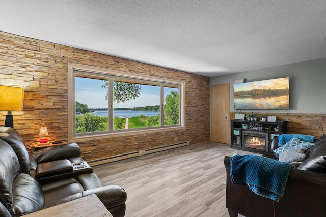 32873 Flanders St NE, Cambridge, MN 55008 - living room with a textured ceiling, a baseboard heating unit, a glass covered fireplace, light wood-style flooring, and wood walls