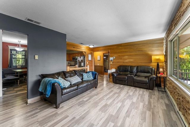 32873 Flanders St NE, Cambridge, MN 55008 - living area with wooden walls, plenty of natural light, baseboard heating, light wood-style flooring, and a textured ceiling