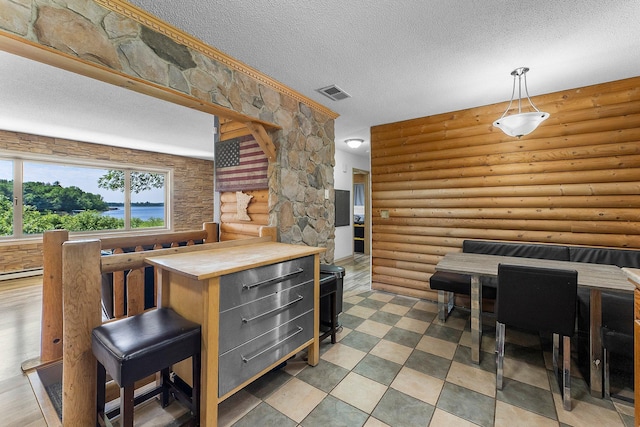32873 Flanders St NE, Cambridge, MN 55008 - kitchen with a textured ceiling, rustic walls, and hanging light fixtures