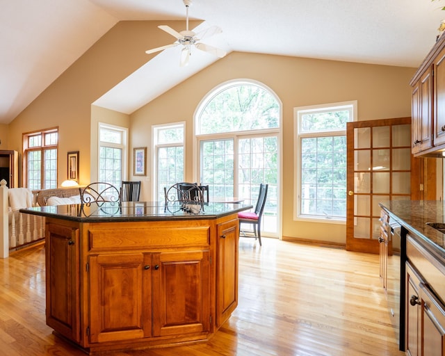 8980 160th Ln NW, Ramsey, MN 55303 - kitchen featuring light wood-style floors, lofted ceiling, a ceiling fan, a center island, and brown cabinets