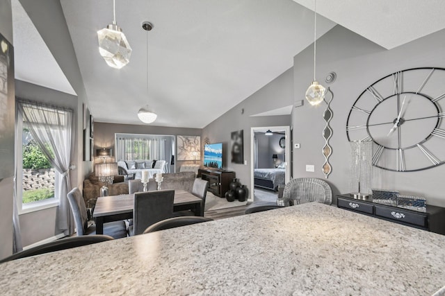 1021 18th Ave SE, Forest Lake, MN 55025 - kitchen with vaulted ceiling, hanging light fixtures, open floor plan, and wood finished floors