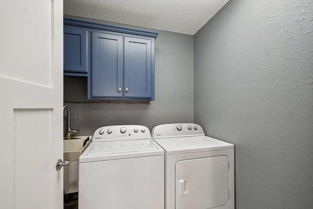 1021 18th Ave SE, Forest Lake, MN 55025 - washroom with cabinet space, washing machine and clothes dryer, a textured ceiling, and a textured wall