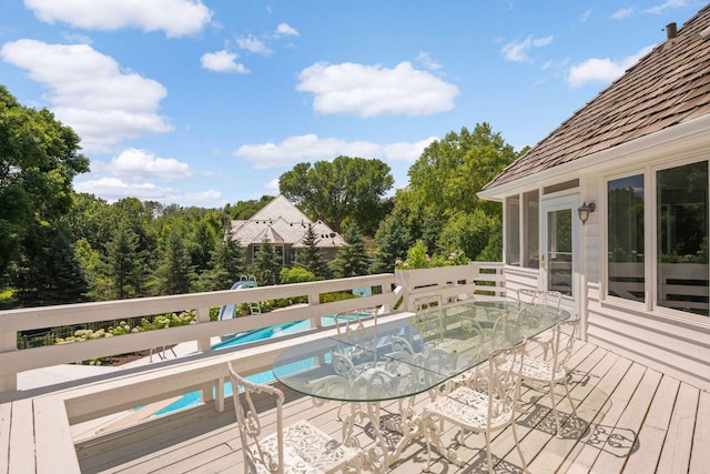 2255 French Creek Cir, Orono, MN 55391 - wooden deck with an outdoor pool and outdoor dining area