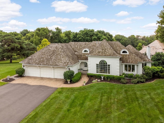 2255 French Creek Cir, Orono, MN 55391 - french country style house with asphalt driveway, a front yard, a garage, a chimney, and stucco siding