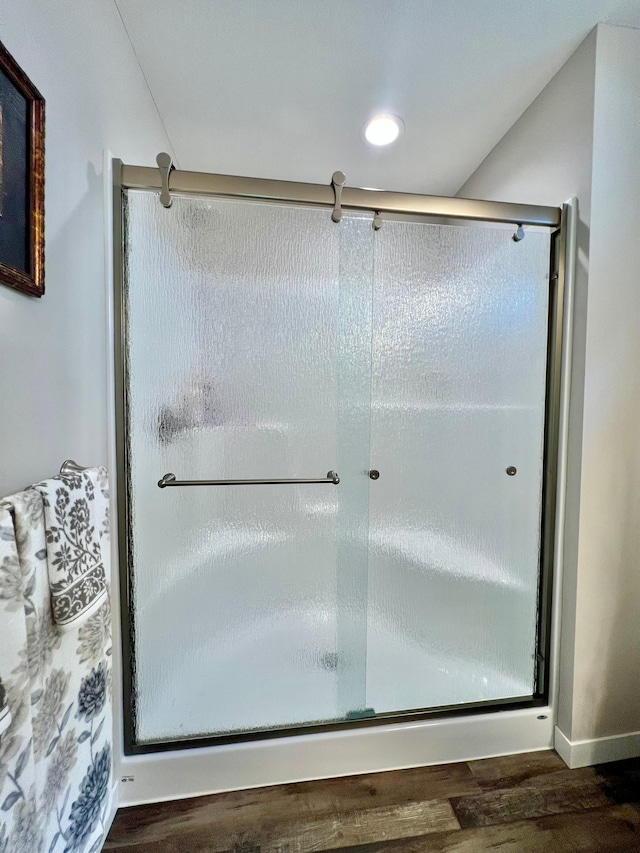 1180 Hewitt Blvd, Red Wing, MN 55066 - bathroom with wood finished floors and a shower stall