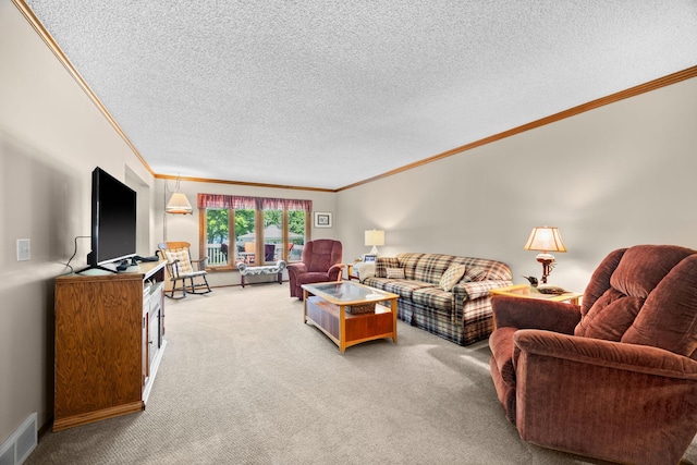 70190 218th St, Dassel, MN 55325 - living room with ornamental molding, light carpet, and a textured ceiling
