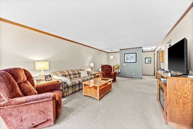 70190 218th St, Dassel, MN 55325 - living room with crown molding, light carpet, and a textured ceiling